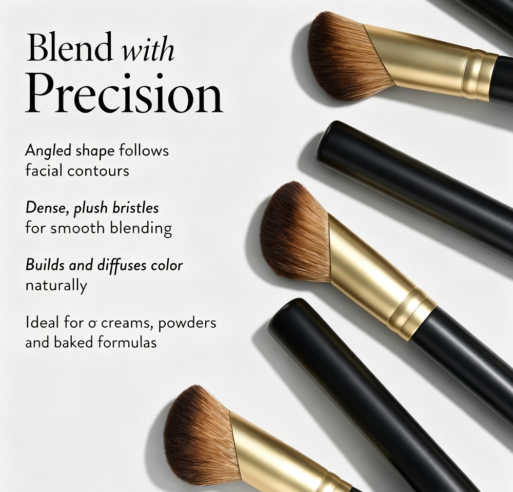 Black & Gold Angled Contour Brush - Precision Fit for Facial Contours, Dense Plush Bristles, Compatible with Creams/Powders/Baked Formulas