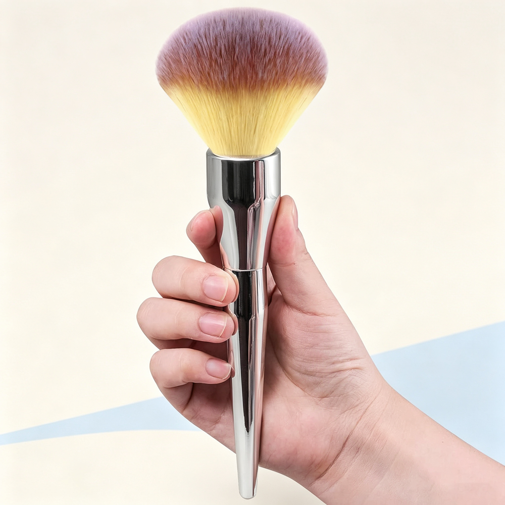 Large Fluffy Powder Brush - Ultra-Soft Synthetic Bristles, Silver Metal Handle, Wet/Dry Use, Compatible with Loose Powder/Highlighter/Contour