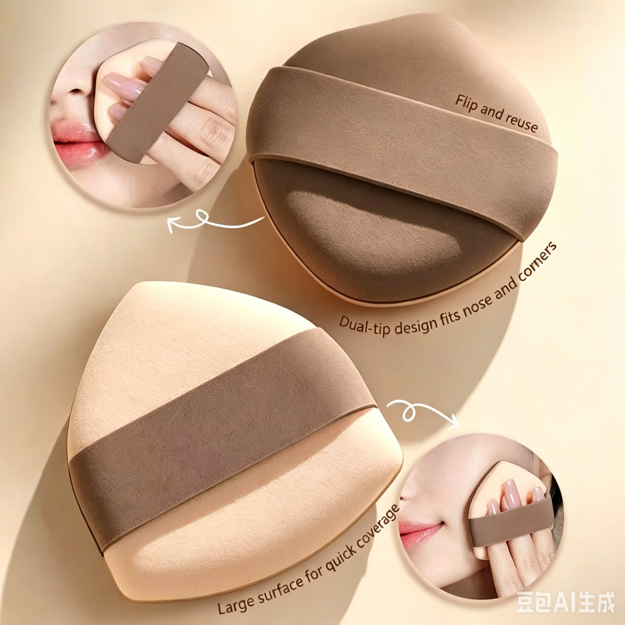 Milk Coffee Dual-Sided Powder Puff - Ultra-Soft Rubycell Marshmallow Material, Wet/Dry Use, Non-Absorbent, Dual-Tip Design for Nose/Corners/Large Areas