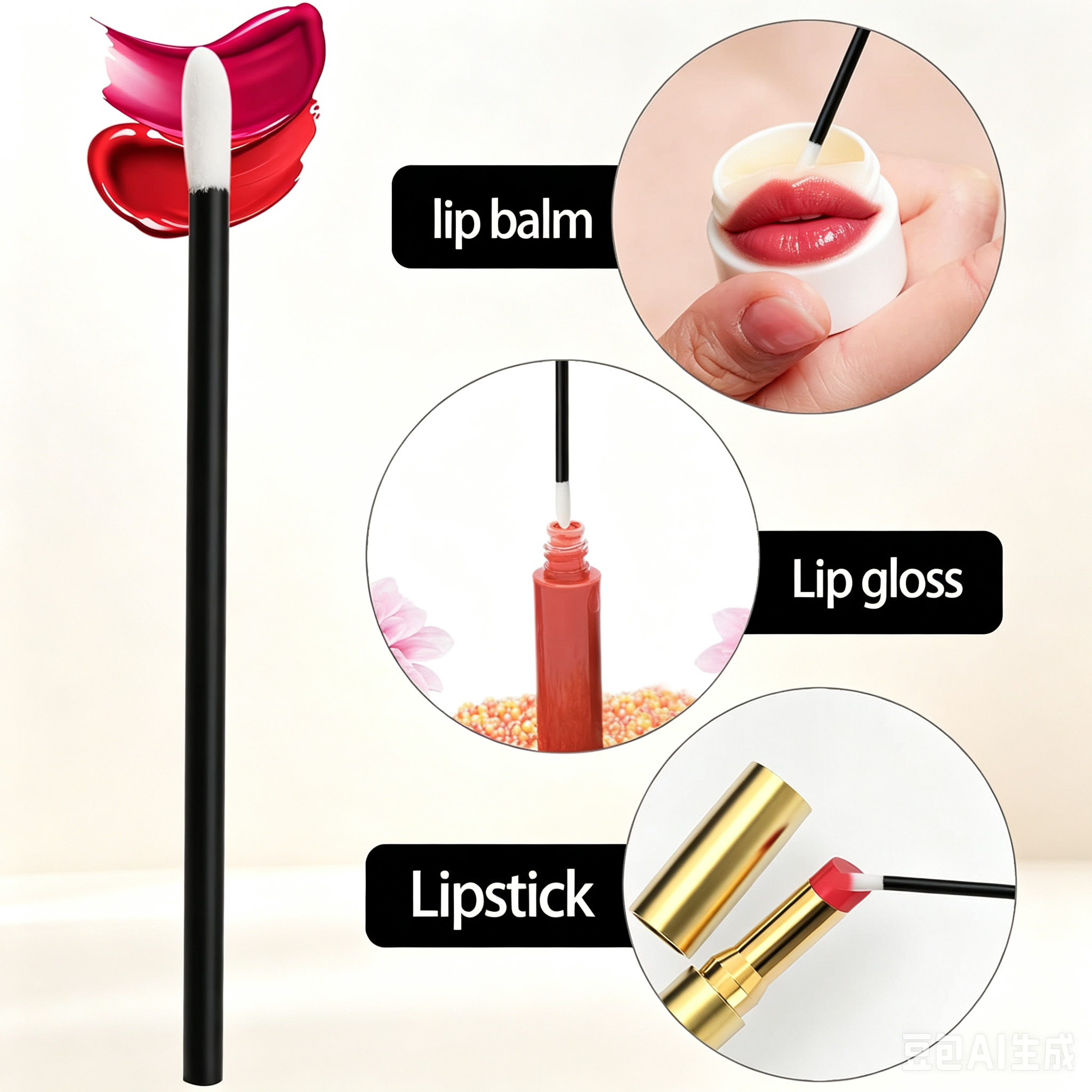 Disposable Flocked Lip Brush Wand - Black Slim Handle + White Flocked Tip, Compact & Portable, Compatible with Lipstick/Lip Gloss/Lip Balm